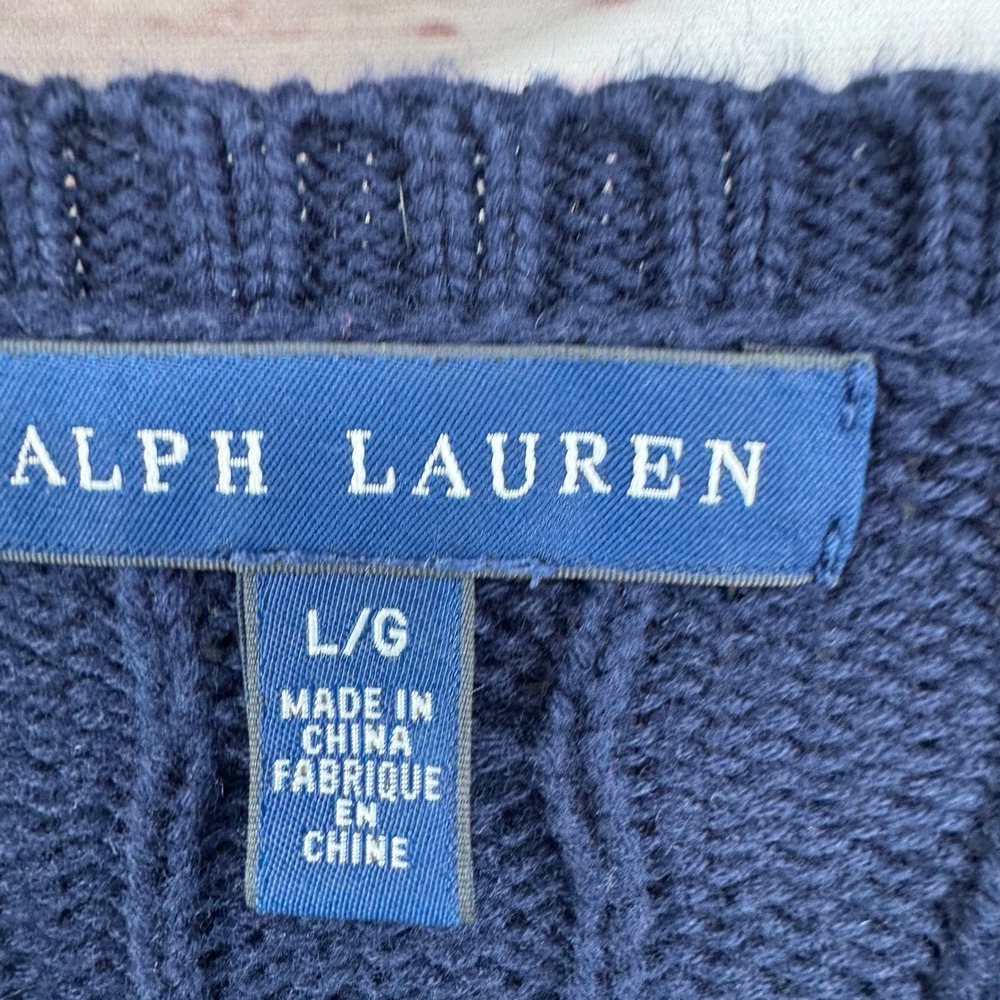 Ralph Lauren Sweater Womens Large Navy Blue Cable Knit V-Neck Casual Preppy - Picture 7 of 11